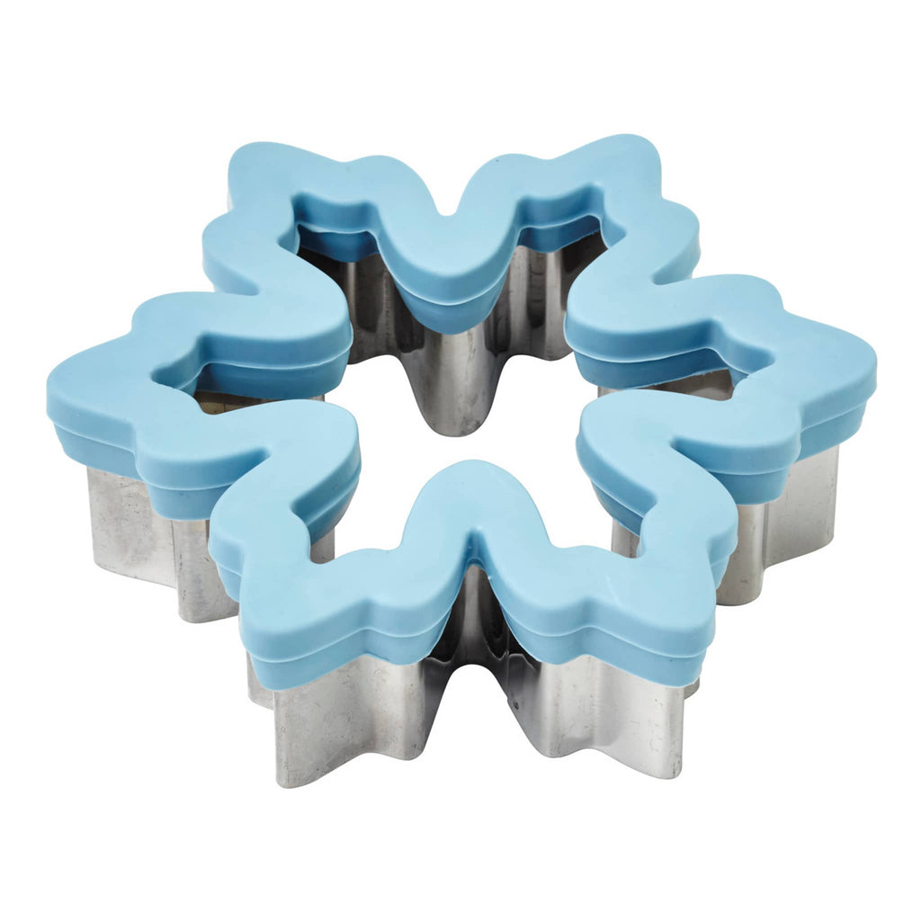 Wilton Snowflake heavy-duty blue comfort-grip cookie cutter, side view.