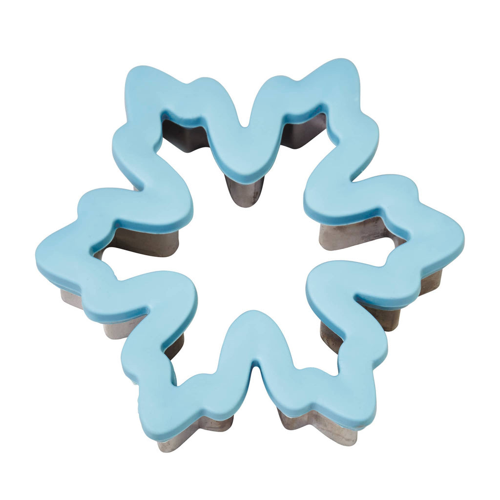 Wilton Snowflake heavy-duty blue comfort-grip cookie cutter, top view.