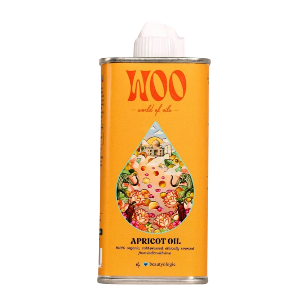 WOO World of Oils Organic Apricot Oil in orange recyclable tin packaging, front view.