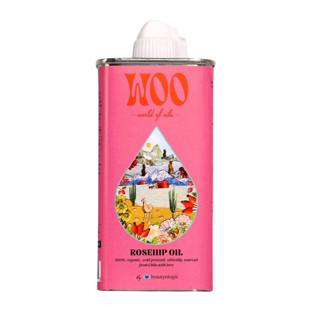 WOO World of Oils Organic Rosehip Oil in pink recyclable tin packaging, front view.