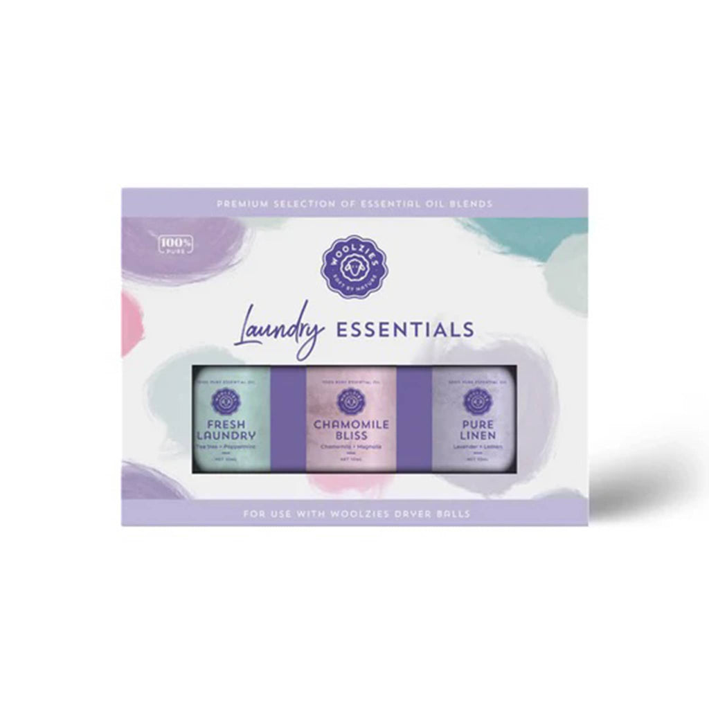 Woolzies Laundry Essentials scented oil collection in box packaging, front view.