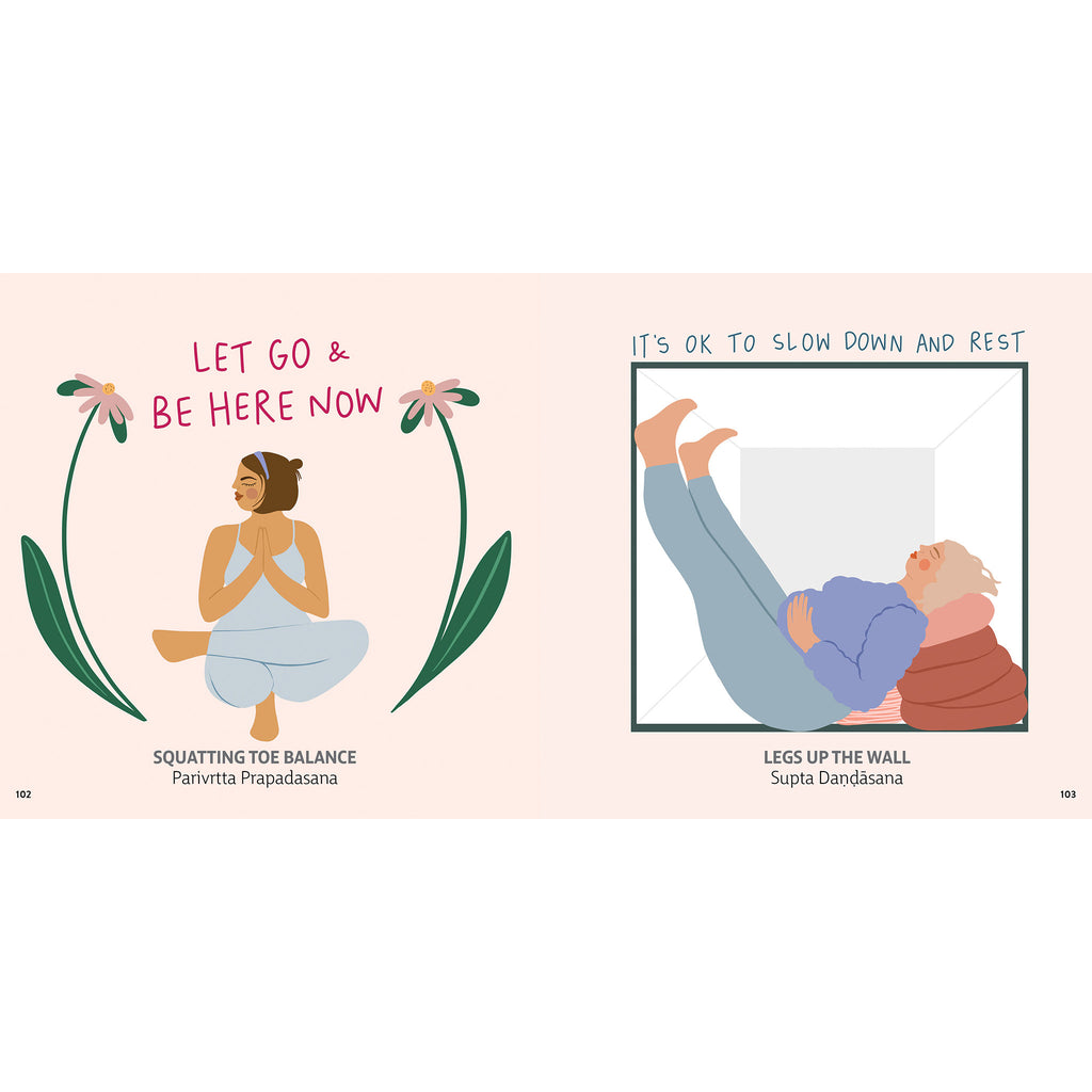 Workman Publishing's "You are Strong and Worthy: Celebrating the Yogi in All of Us" by Harmony Willow Hansen, sample page with illustrations of women in squatting toe balance and legs up the wall yoga poses.