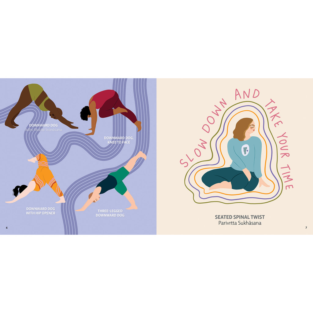 Workman Publishing's "You are Strong and Worthy: Celebrating the Yogi in All of Us" by Harmony Willow Hansen, sample page with illustrations of women in downward facing and seated spinal twist yoga poses.