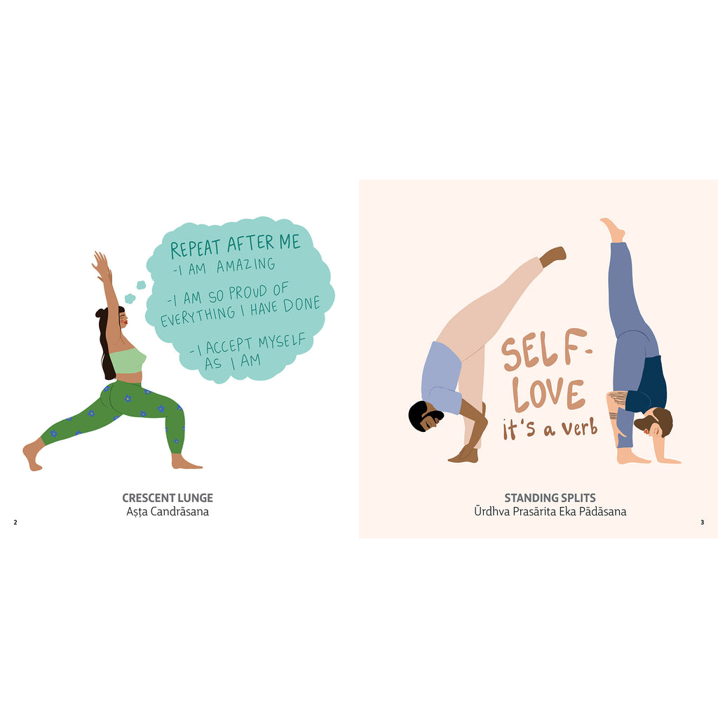 Workman Publishing's "You are Strong and Worthy: Celebrating the Yogi in All of Us" by Harmony Willow Hansen, sample page with illustrations of women in crescent lunge and standing splits yoga poses.