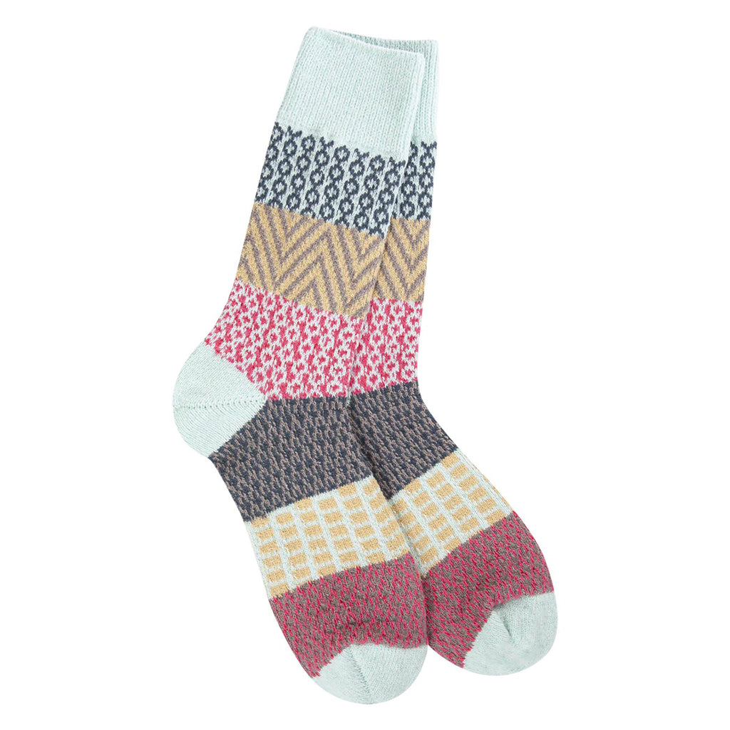 World's Softest Weekend Gallery Crew Socks, women’s one size fits all, colorful pattern in gray, gold, dark blue and dark pink on an ice blue background.