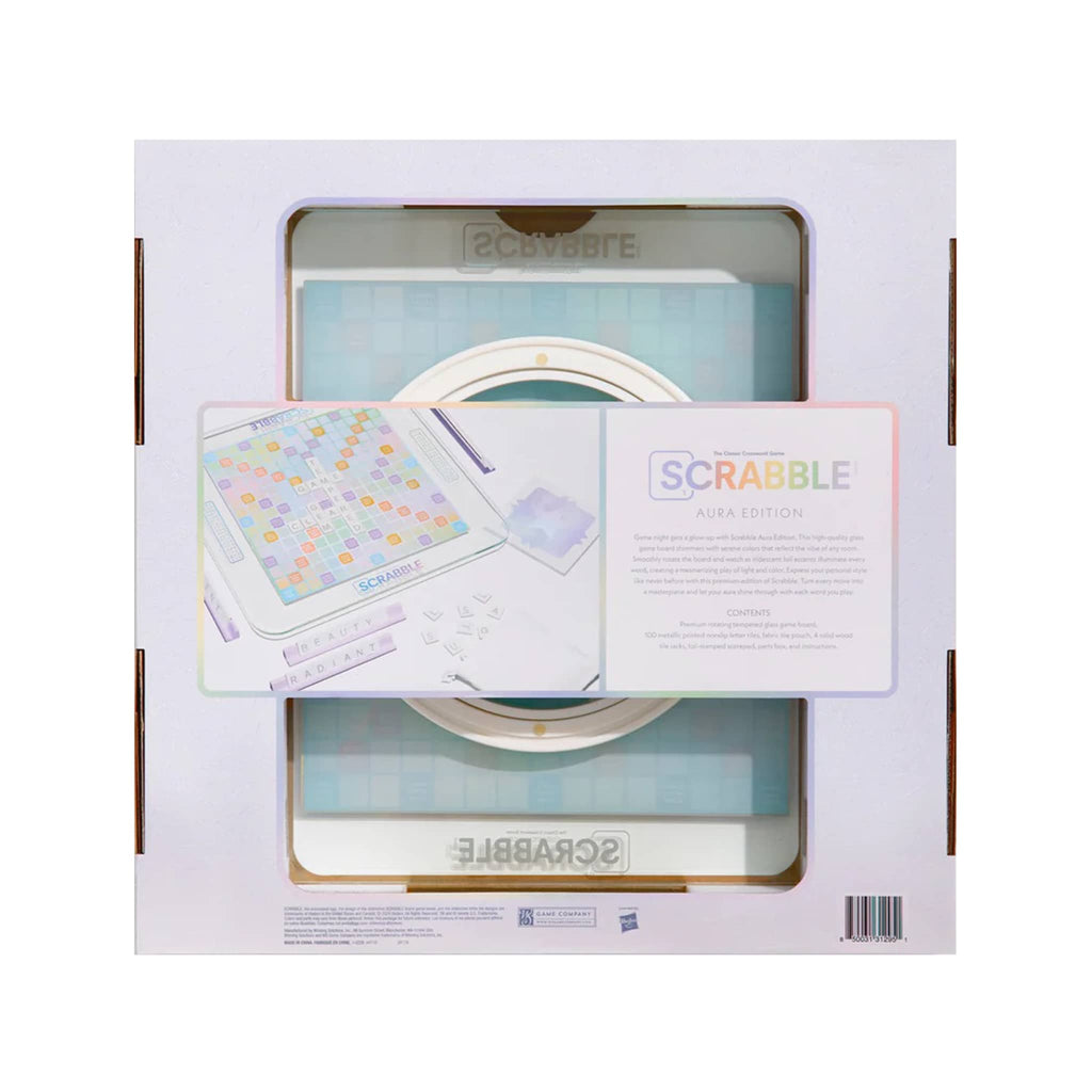 WS Game Company Scrabble classic crossword game, Aura edition, in box packaging, back view.