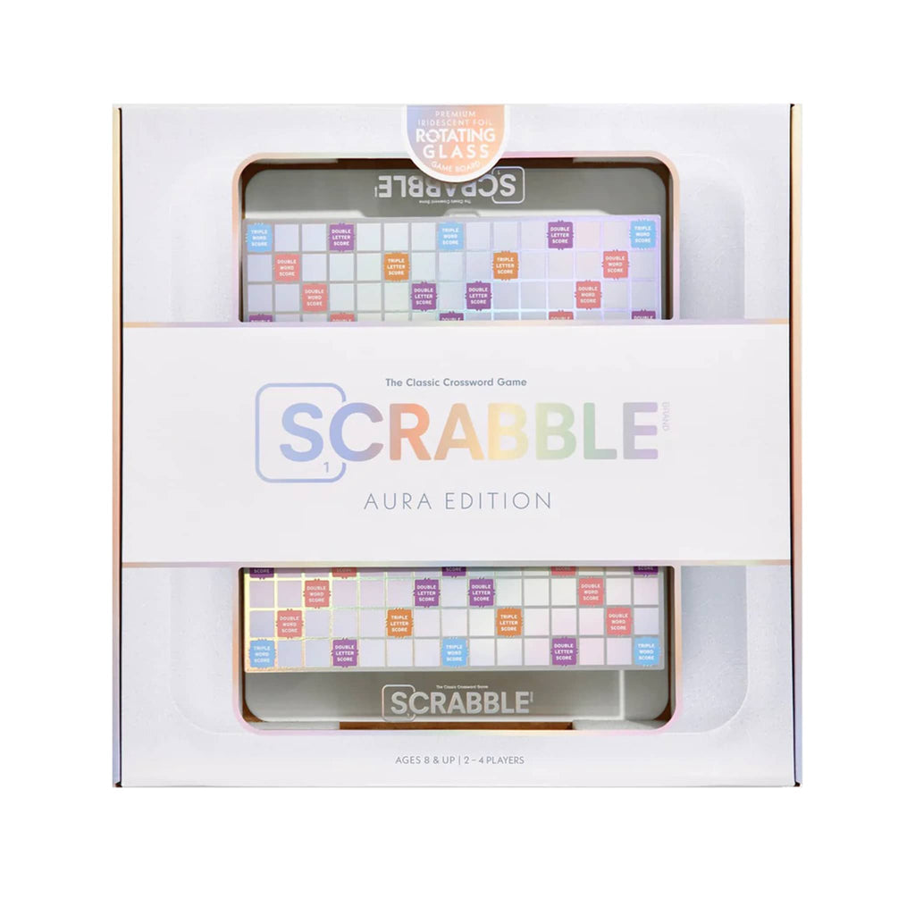 WS Game Company Scrabble classic crossword game, Aura edition, in box packaging, front view.
