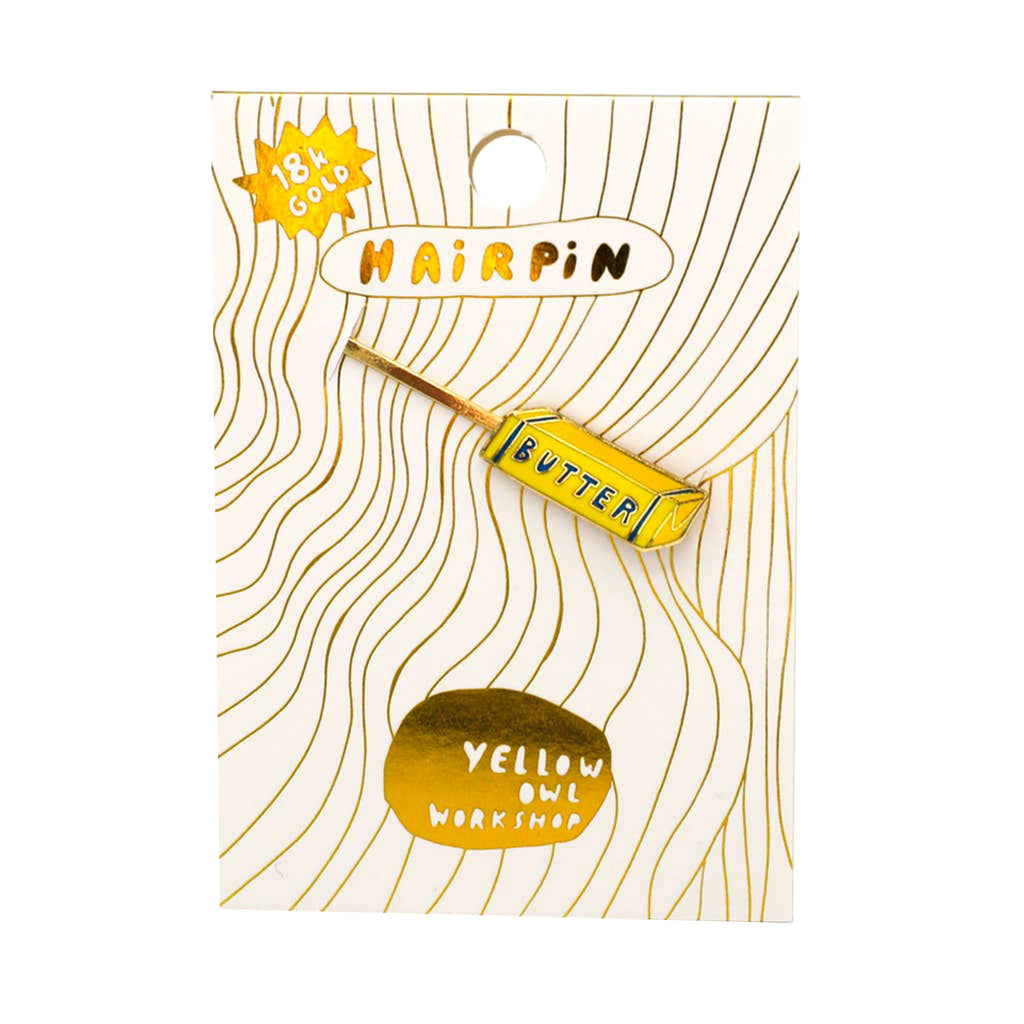 Yellow Owl Workshop stick of butter hairpin on card packaging.