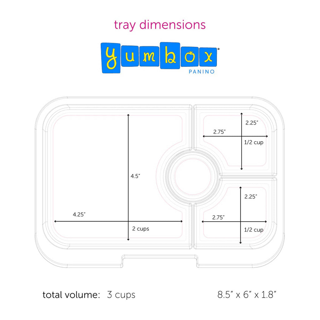 Yumbox Panino 4 compartment leakproof kids bento box, tray insert dimensions.