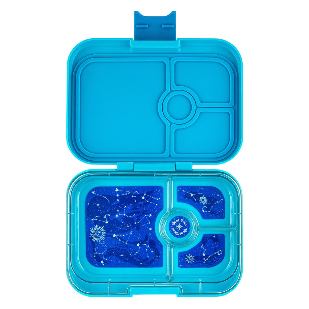 yumbox panino 4 compartment leakproof kids bento box in luna aqua case with zodiac tray, lid open.