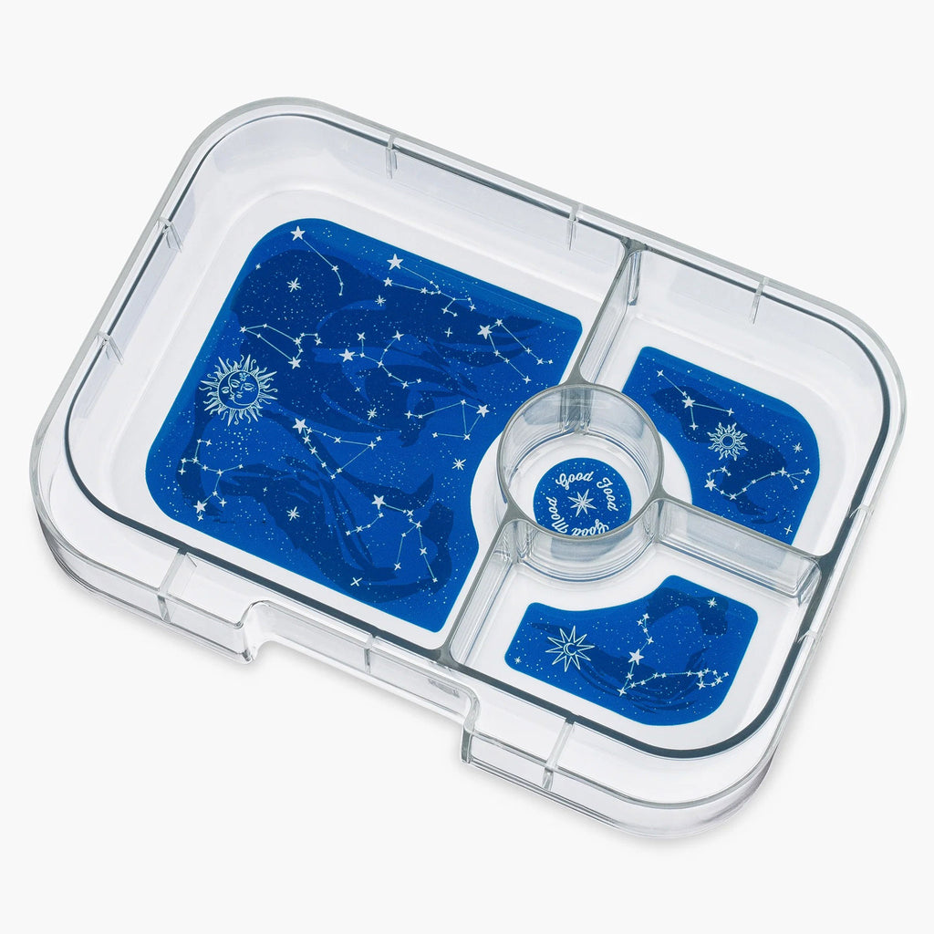 yumbox panino 4 compartment leakproof kids bento box in luna aqua case with zodiac tray, tray removed.