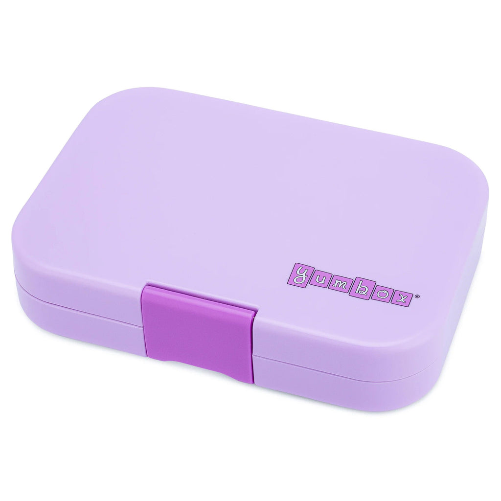 yumbox 6 compartment leakproof kids bento box in lulu purple case with paris tray, lid closed.