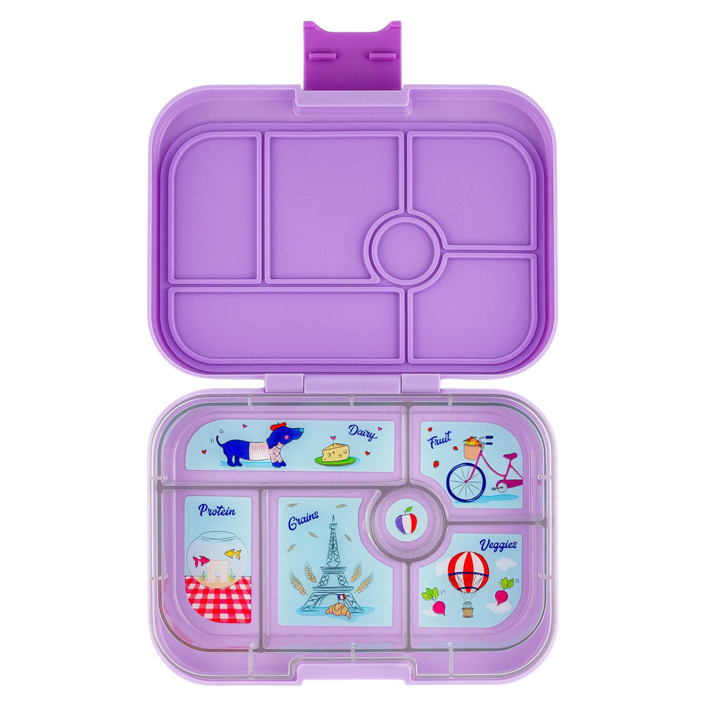 yumbox 6 compartment leakproof kids bento box in lulu purple case with paris tray, lid open.