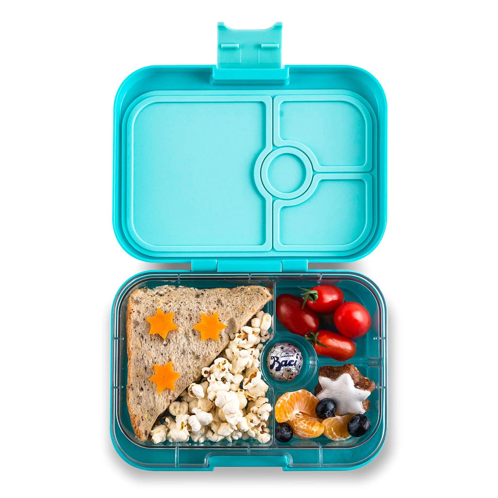 Yumbox Panino 4 compartment leakproof kids bento box in misty aqua case with rainbow illustrated tray, lid open with food inside.