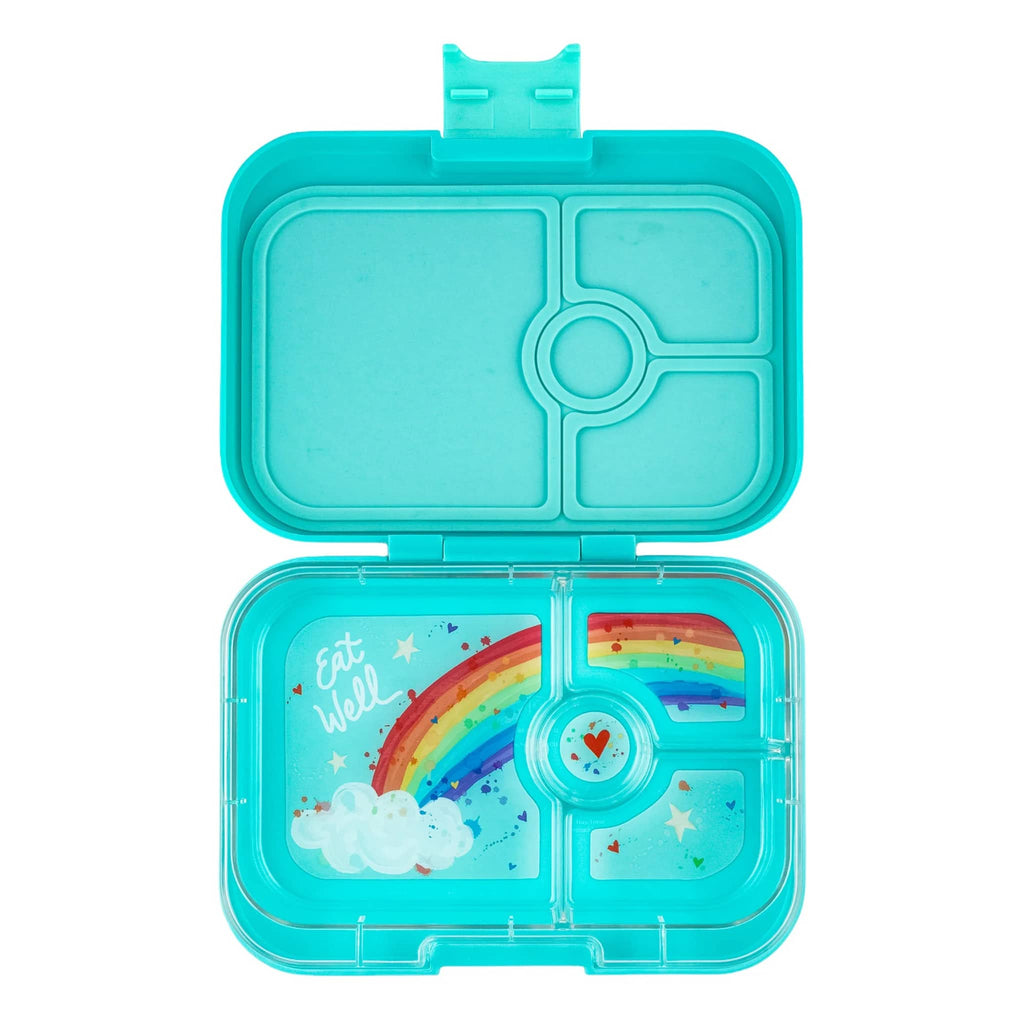 Yumbox Panino 4 compartment leakproof kids bento box in misty aqua case with rainbow illustrated tray, lid open.