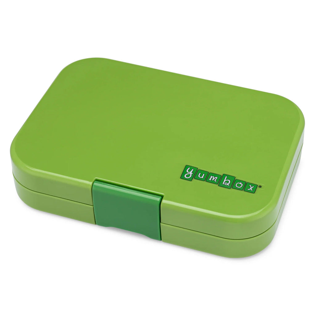 yumbox 6 compartment leakproof kids bento box in matcha green case with funny monster tray, lid closed.