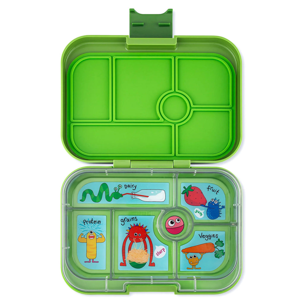 yumbox 6 compartment leakproof kids bento box in matcha green case with funny monster tray, lid open.