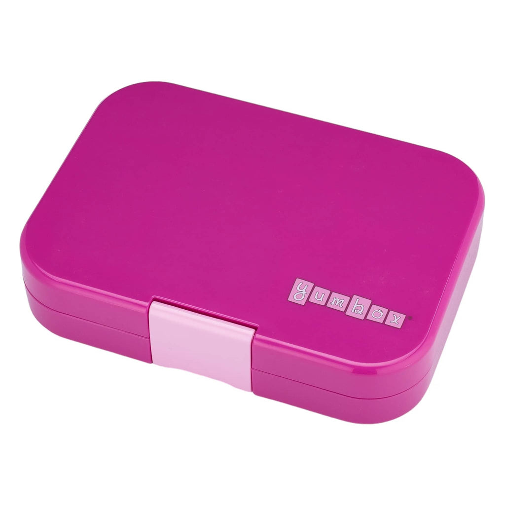 Yumbox Panino 4 compartment leakproof kids bento box in malibu purple case with unicorn illustrated tray, lid closed.