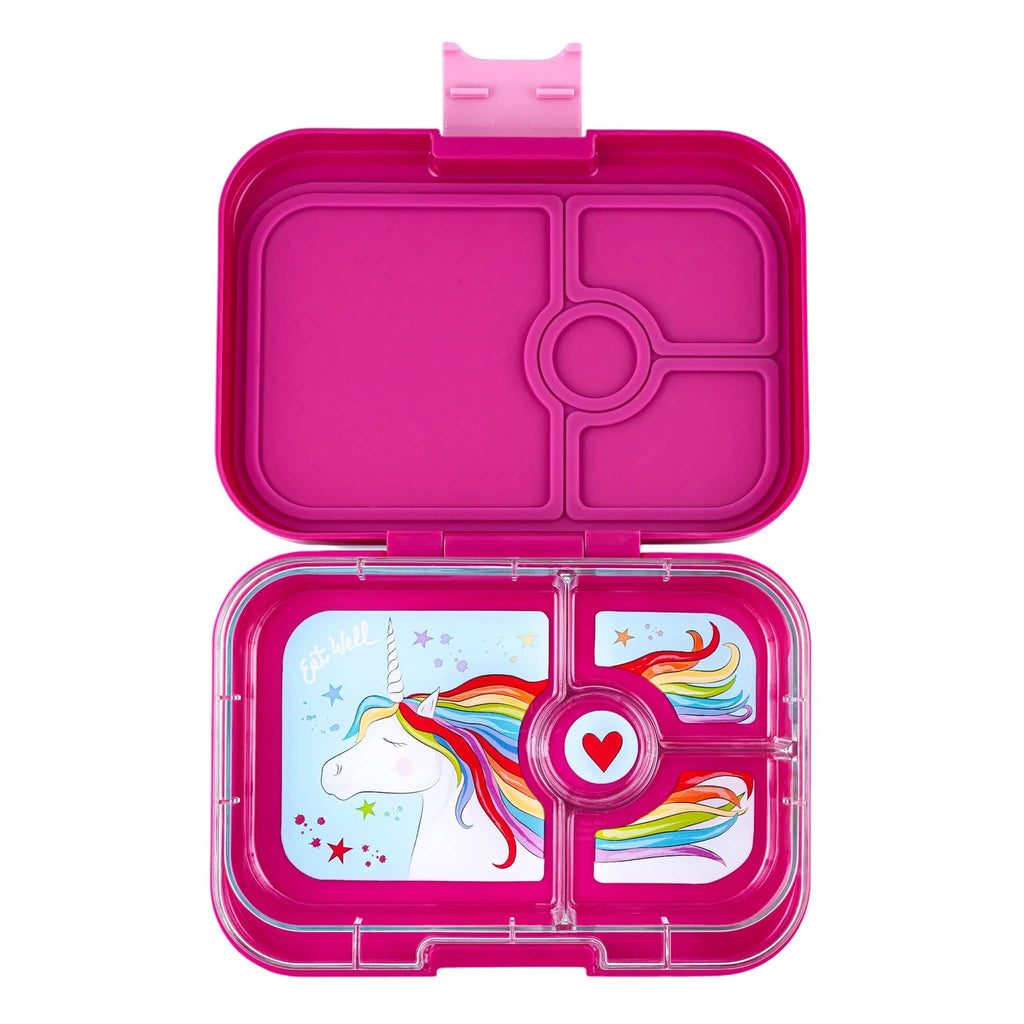 Yumbox Panino 4 compartment leakproof kids bento box in malibu purple case with unicorn illustrated tray, lid open.