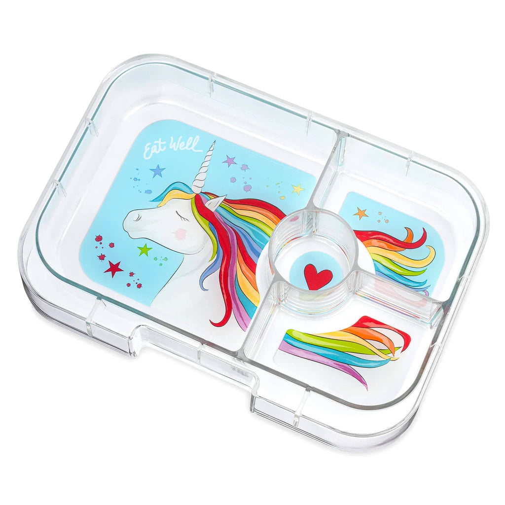 Yumbox Panino 4 compartment leakproof kids bento box, unicorn illustrated tray insert.