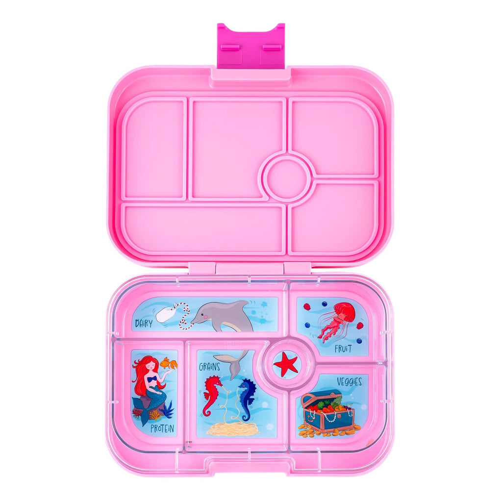 Yumbox 6 compartment leakproof kids bento box in power pink case with mermaid illustrated tray, lid open.