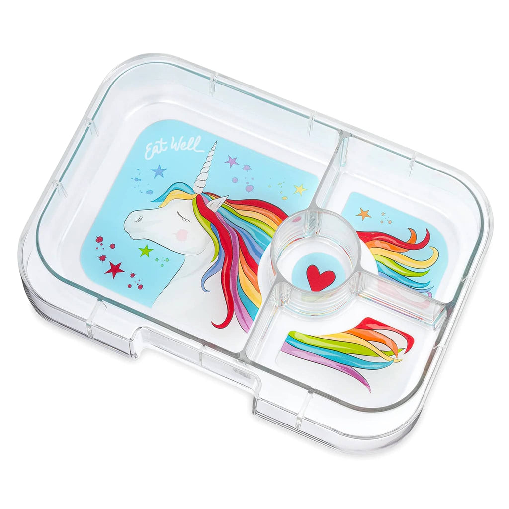 Yumbox Panino 4 compartment leakproof kids bento box, magical unicorn illustrated tray insert.