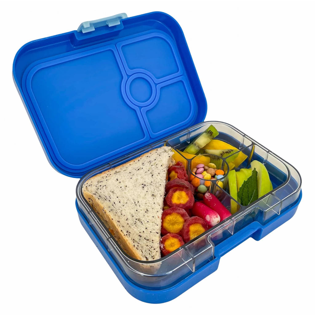 Yumbox Panino 4 compartment leakproof kids bento box in surf blue case with dinosaur illustrated tray, lid open with food inside.