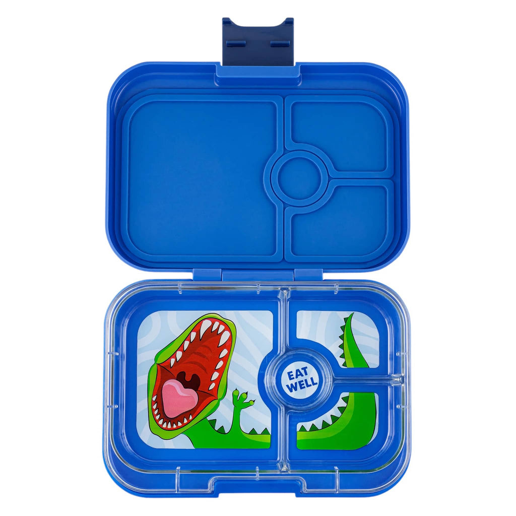 Yumbox Panino 4 compartment leakproof kids bento box in surf blue case with dinosaur illustrated tray, lid open.