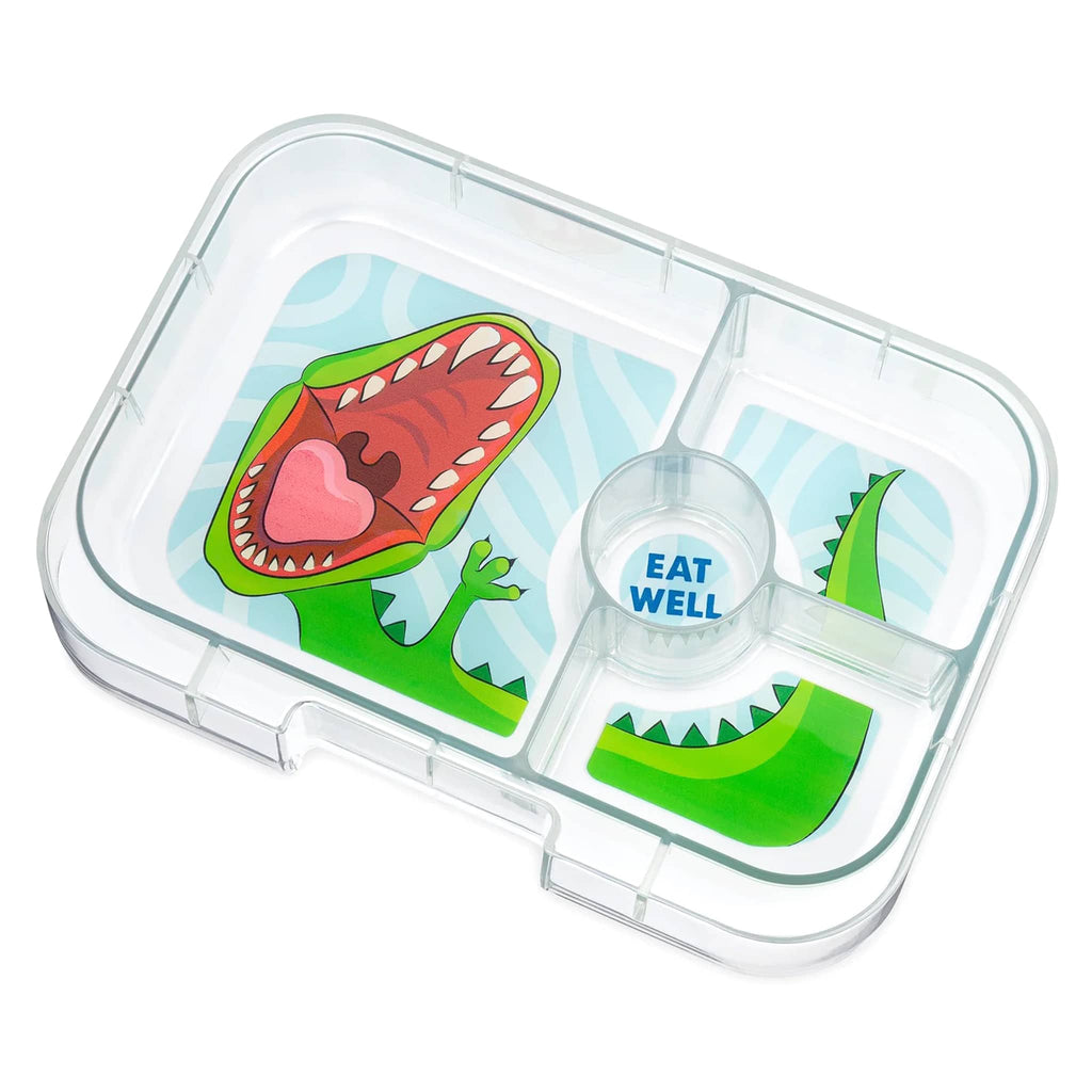 Yumbox Panino 4 compartment leakproof kids bento box, dinosaur illustrated tray insert.