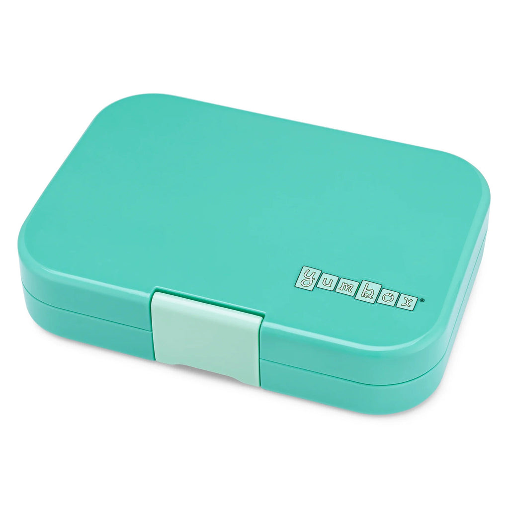 yumbox panino 4 compartment leakproof kids bento box in tropical aqua case with panther tray, lid closed.