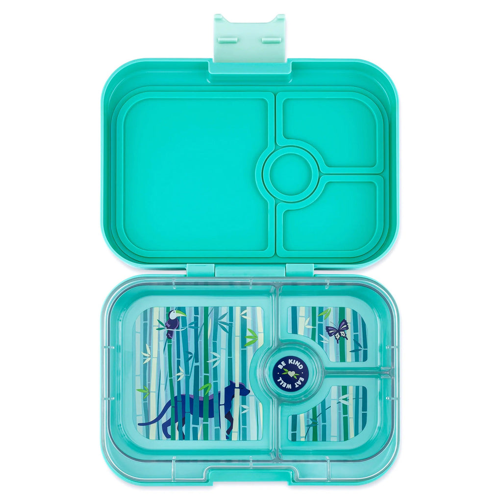 yumbox panino 4 compartment leakproof kids bento box in tropical aqua case with panther tray, lid open.