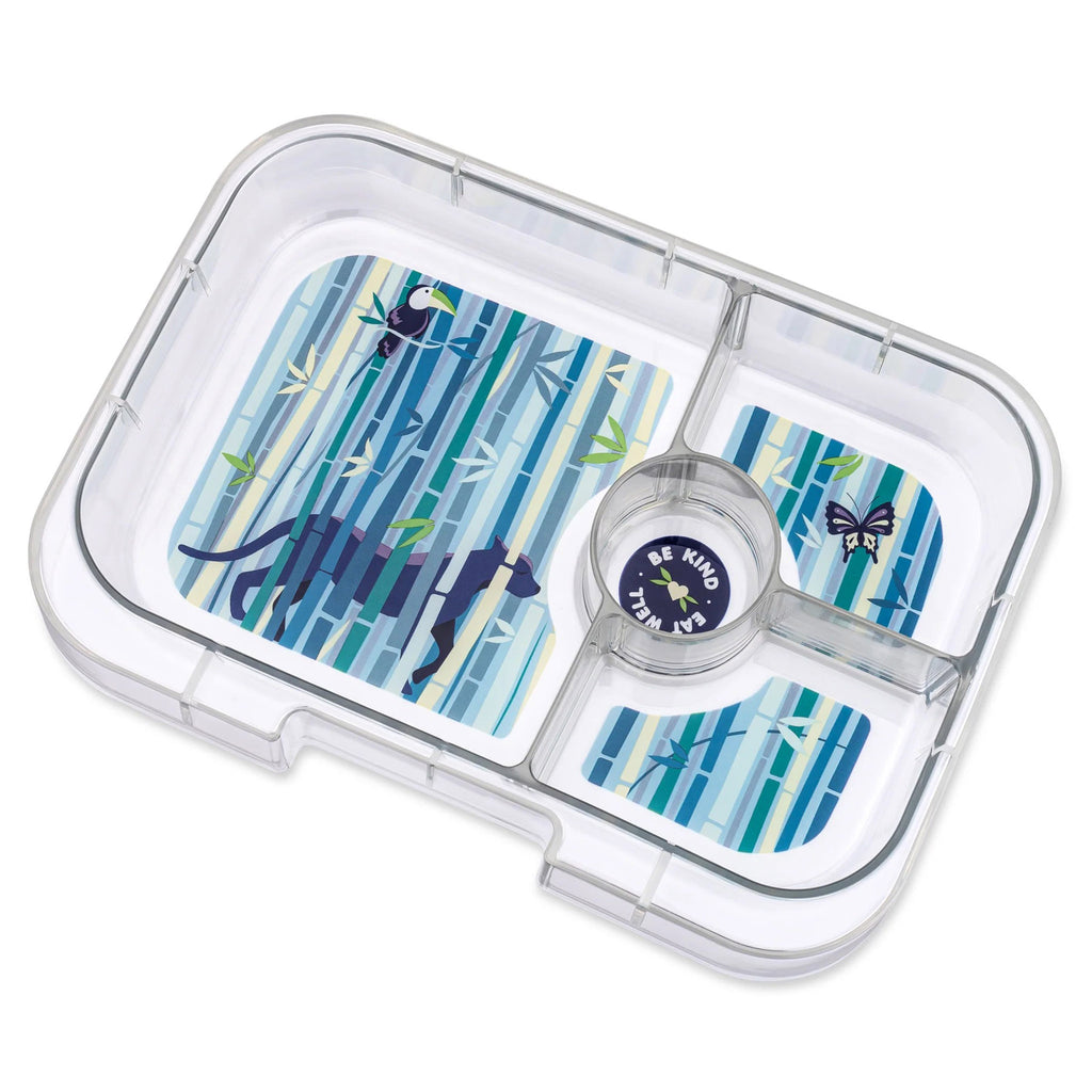 yumbox panino 4 compartment leakproof kids bento box in tropical aqua case with panther tray, removed.