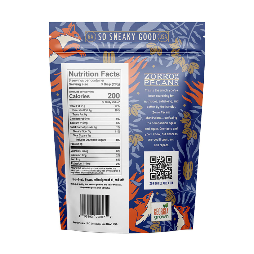 Zorro Pecans roasted and lightly salted pecans in 8 ounce resealable pouch, back view.