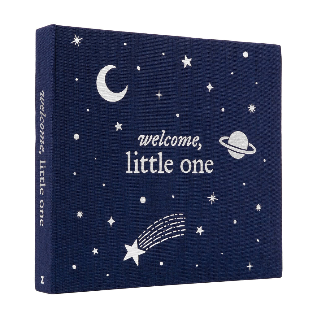 Penguin Random House Welcome, Little One keepsake journal and scrapbook, front cover with navy blue cloth cover with silver illustrations.