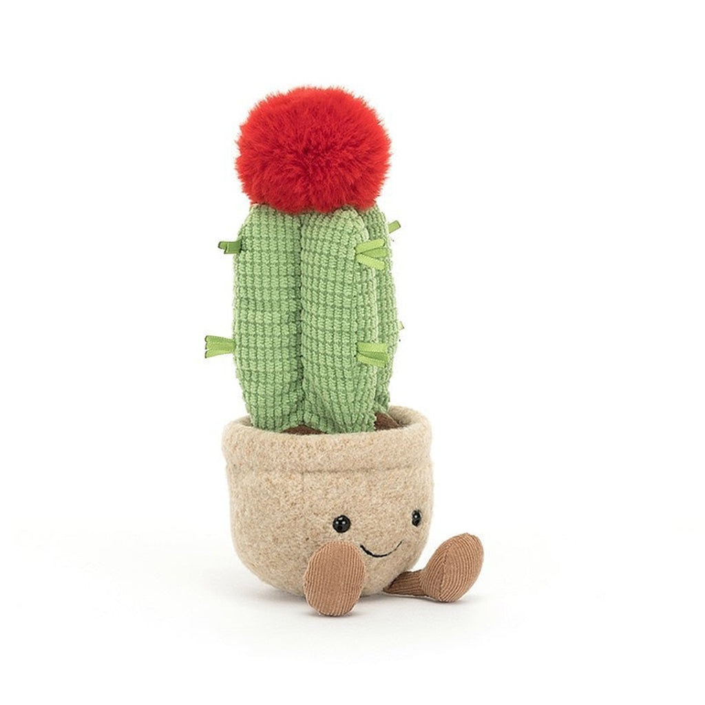 Jellycat Amuseable Moon Cactus plush toy in tan felt pot with a red pom on top and black bead eyes, front view.