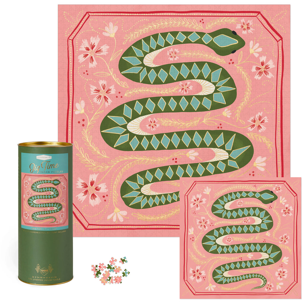 designworks ink 1000 piece mister slithers jigsaw puzzle completed with tube packaging and included art print of a green snake with diamond pattern on a pink background with yellow and pink and red flowers
