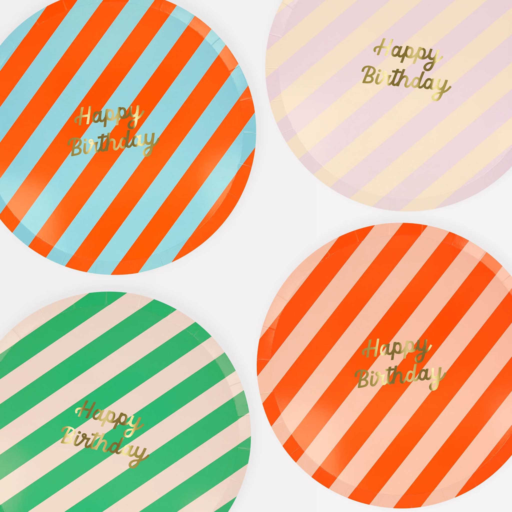 meri meri stripe happy birthday dinner plates in 4 colors.