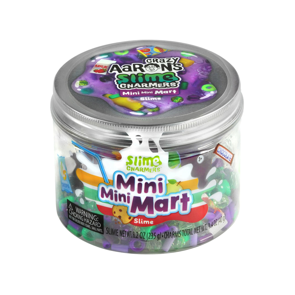 Crazy Aaron's Mini Mini Mart Slime Charmers, purple glitter slime with beads and charms in clear plastic container with metal screw-on lid.