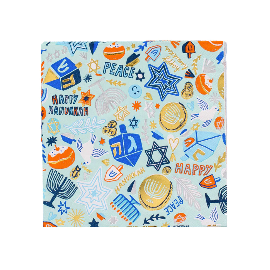 Daydream Society Festival of Lights large paper party napkins with Hanukkah themed illustrations on a light blue background.