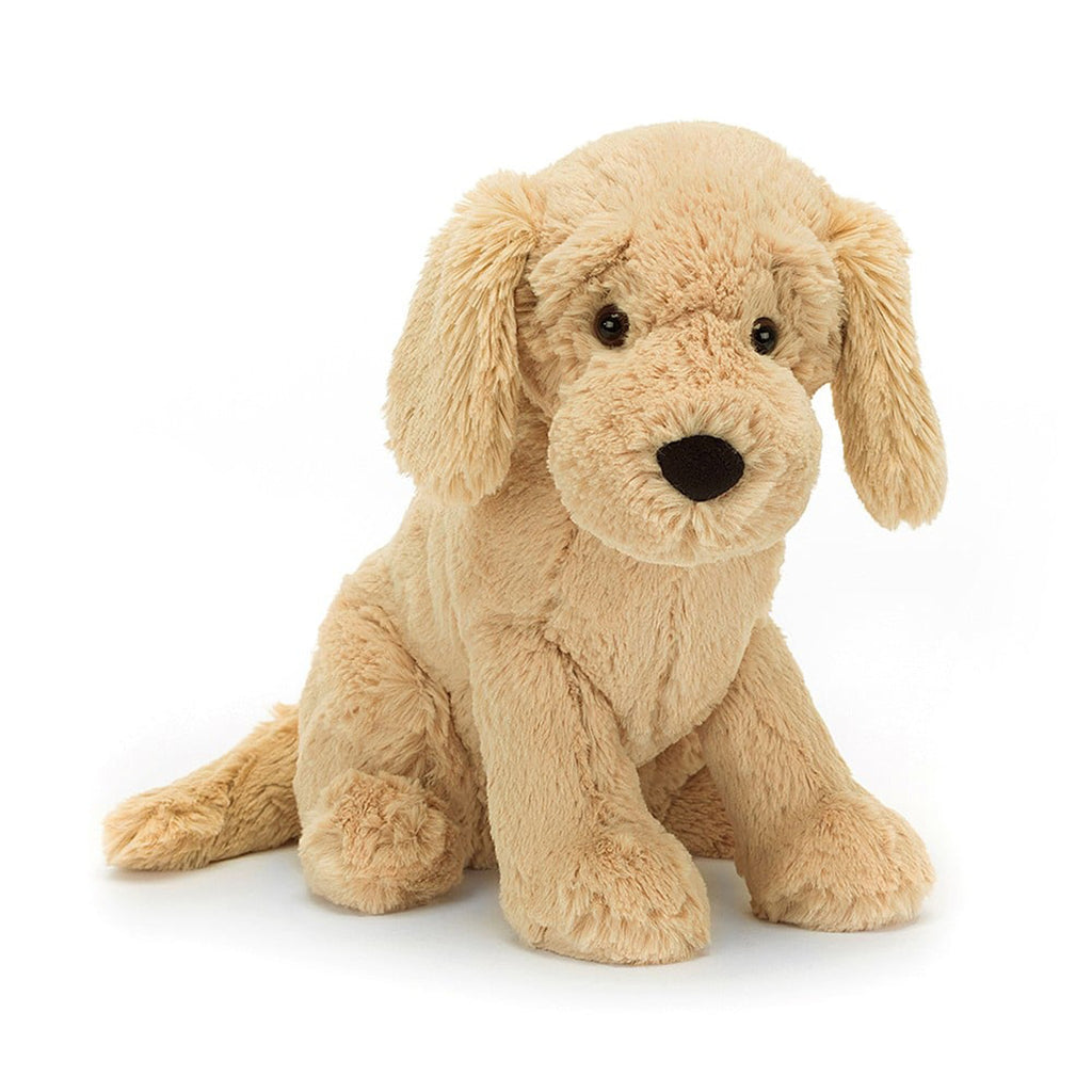 jellycat Tilly Golden Retriever plush toy with tan fur, black bead eyes and a black nose, front view.
