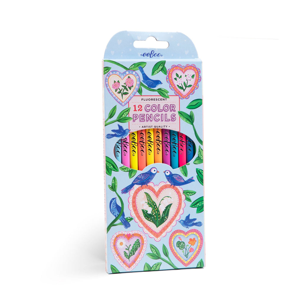 Eeboo Hearts and Birds set of 12 colored pencils in light blue box packaging with illustrations of hearts, flowers, blue birds and green leaves, front view.
