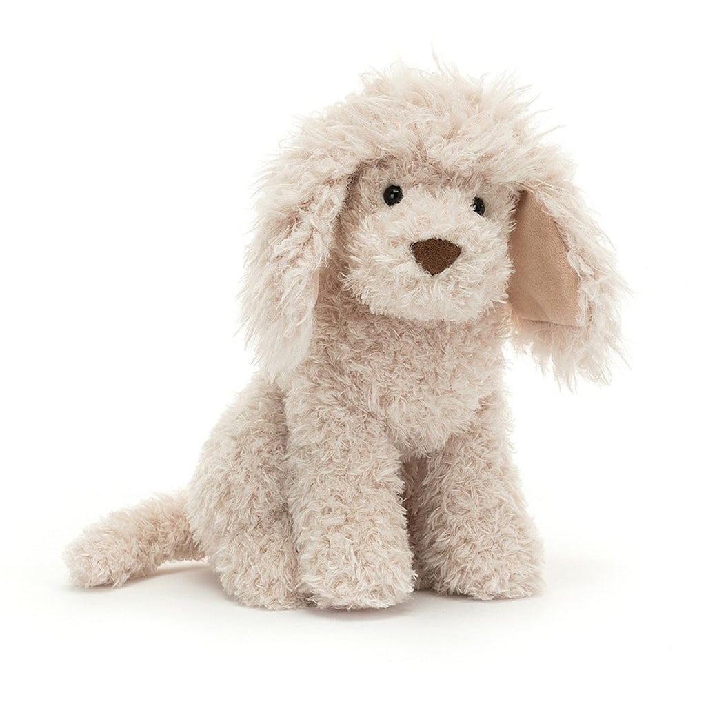 Jellycat Georgiana Poodle Plush Toy with cream fur, brown nose and black bead eyes, front view.