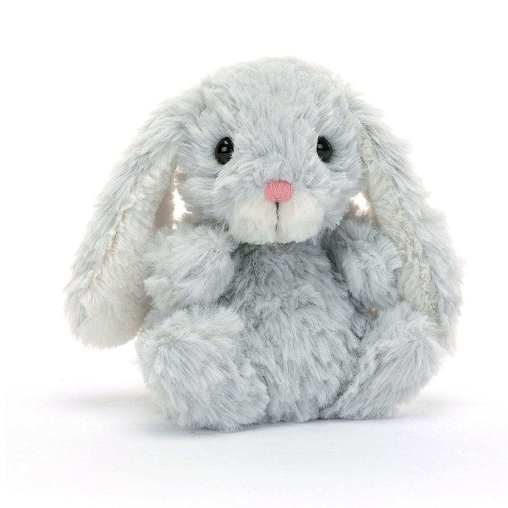 Jellycat Yummy Bunny silver plush toy, front view.