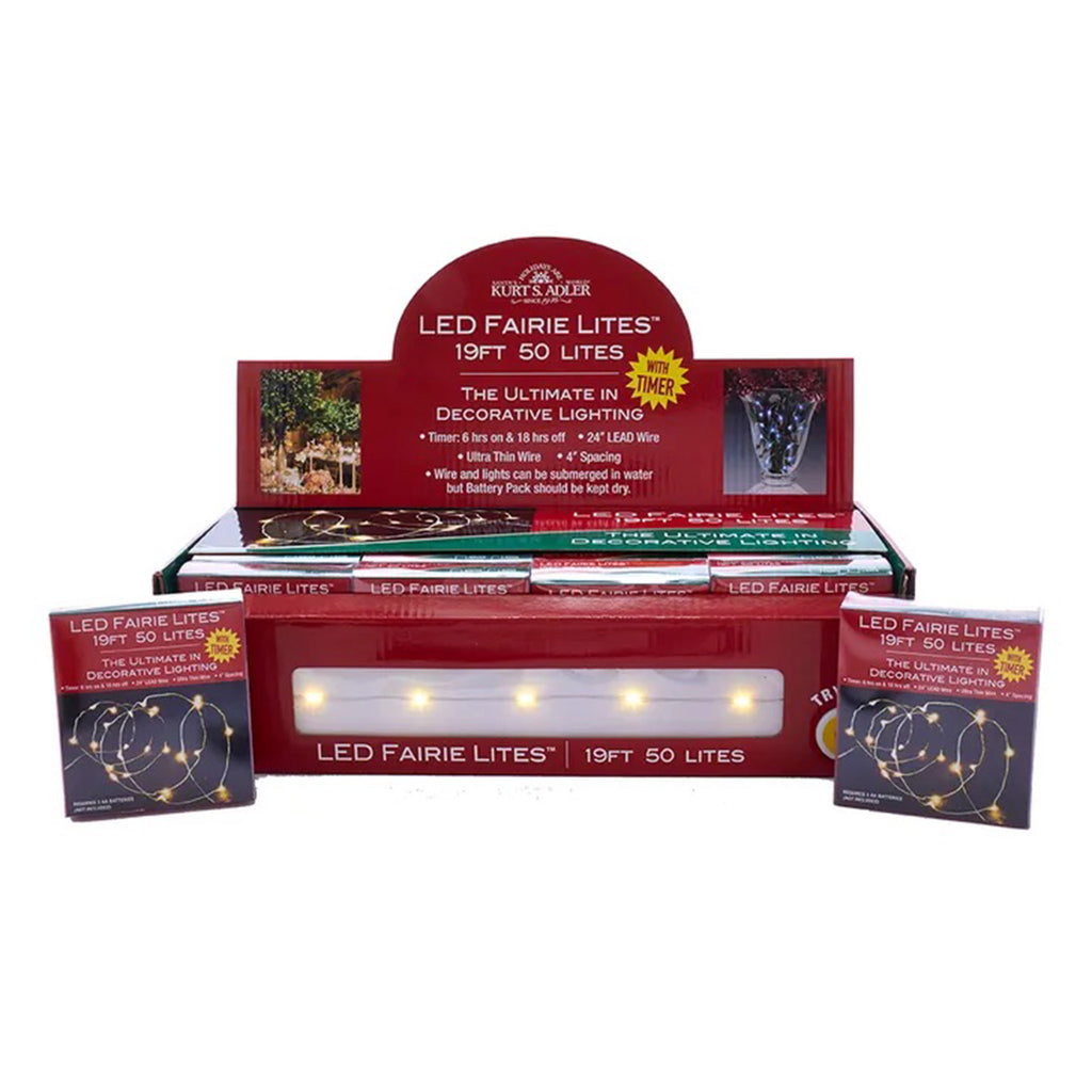 Kurt Adler 19 foot long battery operated warm white LED fairy light set in box packaging.