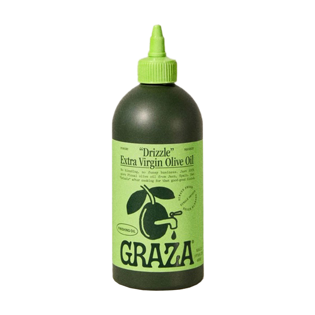 Graza "Drizzle" Extra Virgin Olive Oil in dark green squeeze bottle with green label.