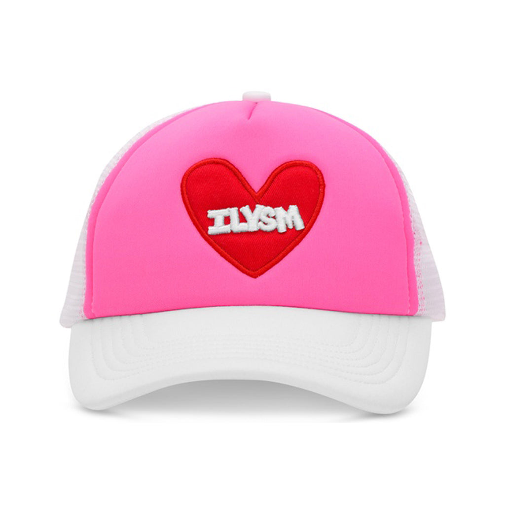 iScream ILYSM white trucker hat with pink front panel and red embroidered heart with "ILYSM" in white lettering, front view.