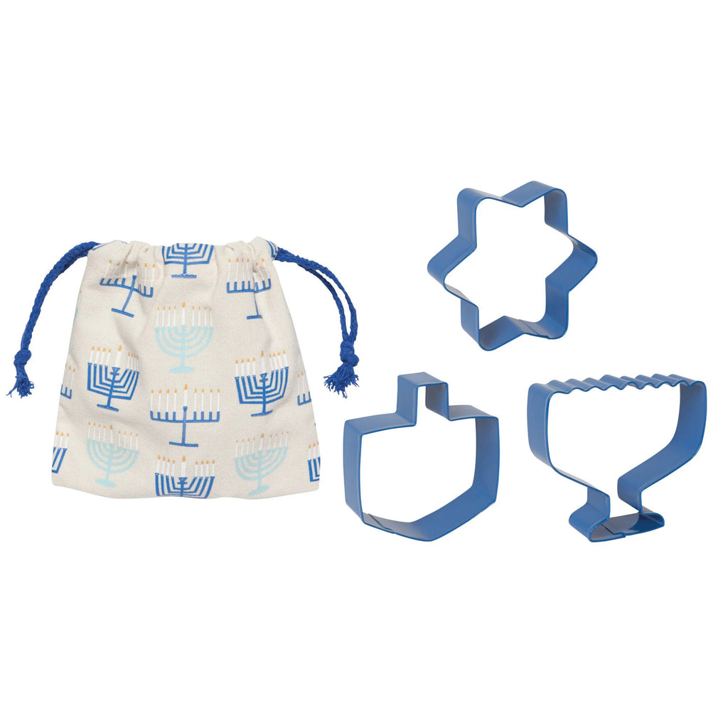 Danica Bright Hanukkah set of 3 blue metal cookie cutters in shape of a dreidel, star of david and a menorah with drawstring storage pouch.