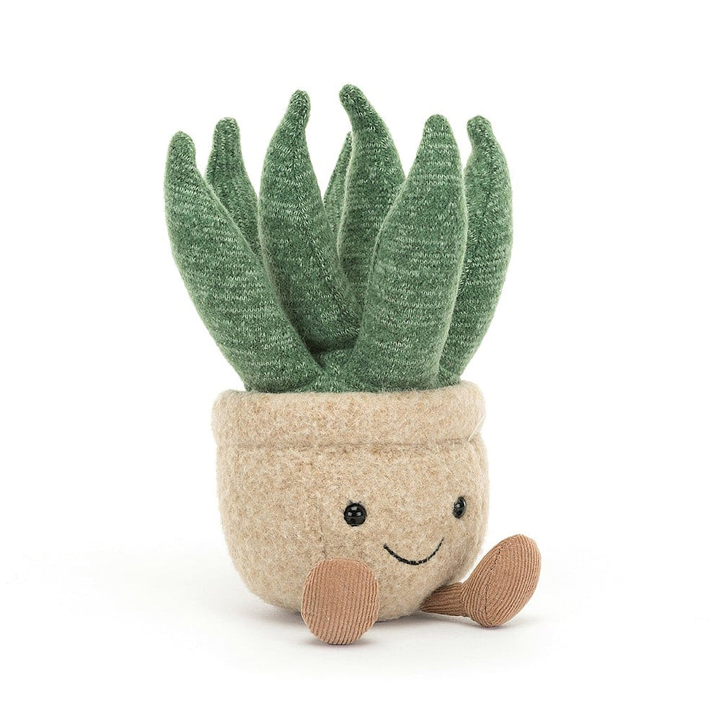 Jellycat Small Amuseable Aloe Vera plush toy in tan felt pot with black bead eyes and brown corduroy feet, front view.