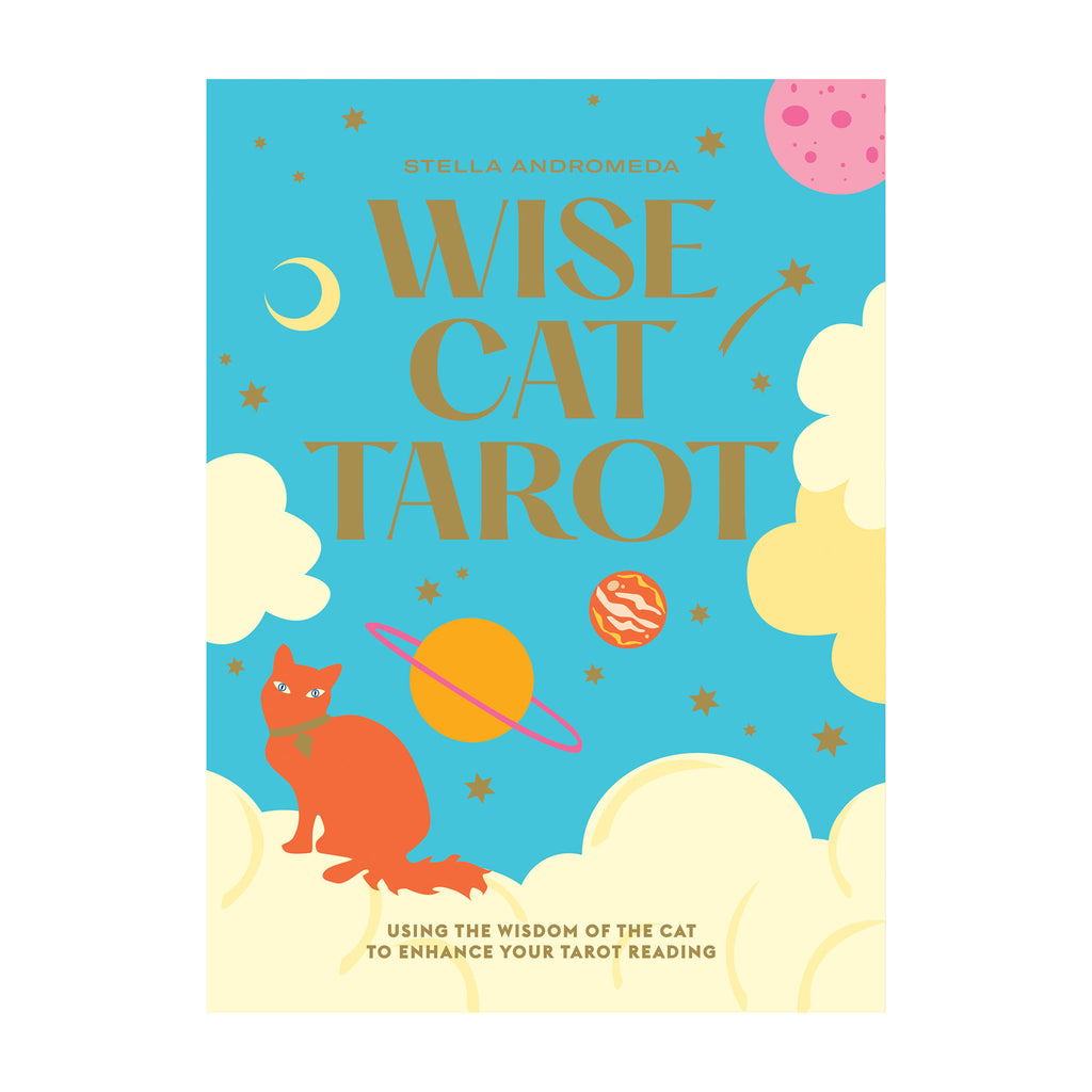 Chronicle Wise Cat Tarot: using the wisdom of the cat to enhance your tarot reading by Stella Andromeda, box packaging front view with an orange cat sitting on clouds and planets in the background.