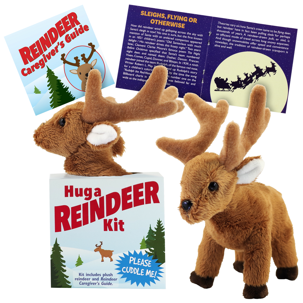 Peter Pauper Press Hug a Reindeer Kit in box packaging with a plush reindeer head sticking out of the top, front view, along with contents (2 booklets and a reindeer plush toy).